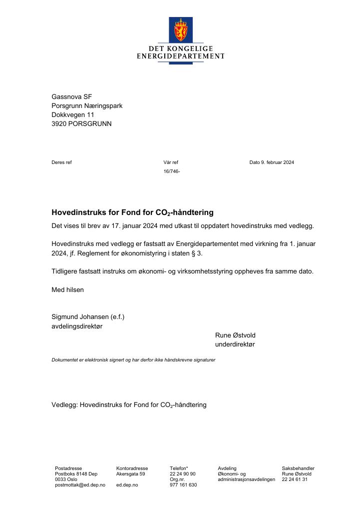 Forsiden av dokumentet Hovedinstruks for Fond for CO2-håndtering