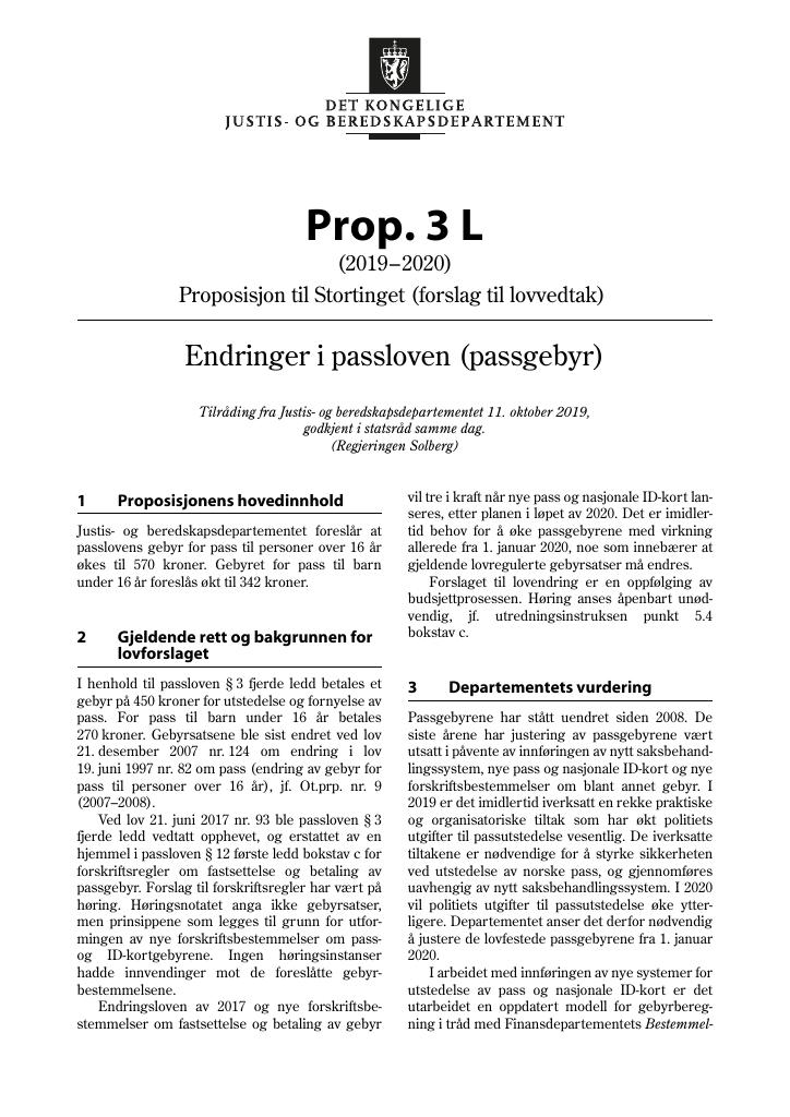 Forsiden av dokumentet Prop. 3 L (2019–2020)