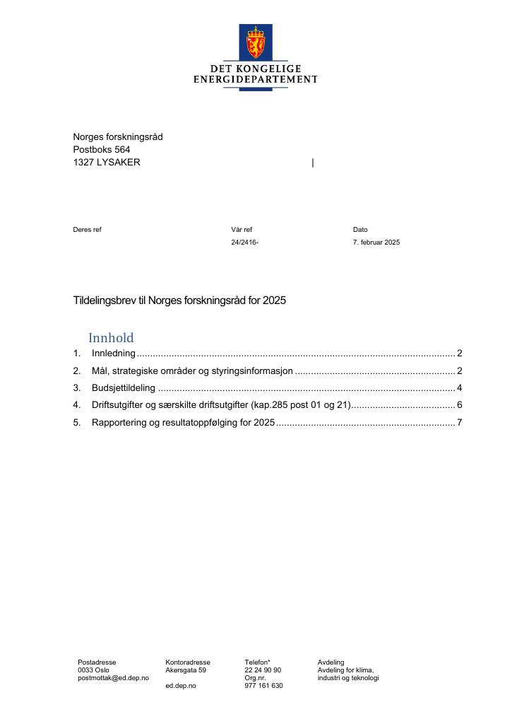 Forsiden av dokumentet Tildelingsbrev Norges forskningsråd 2025