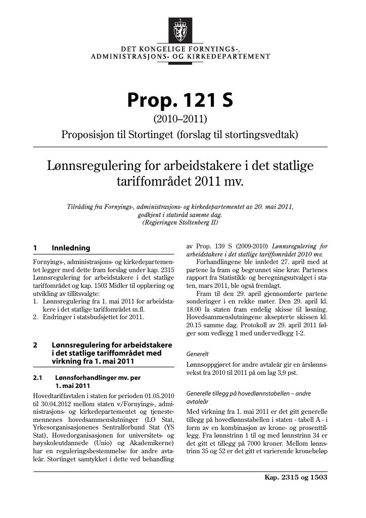 Forsiden av dokumentet Prop. 121 S (2010–2011)