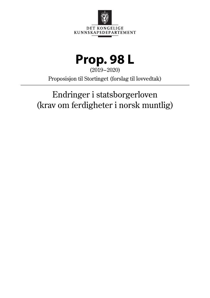 Forsiden av dokumentet Prop. 98 L (2019–2020)