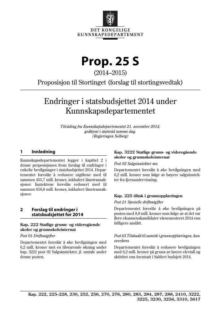 Forsiden av dokumentet Prop. 25 S (2014–2015)