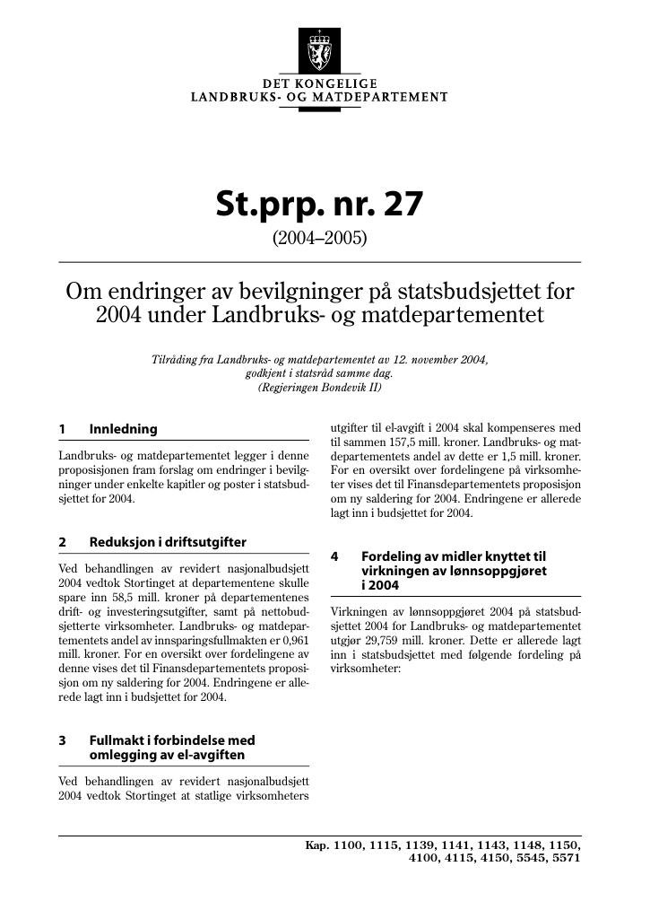 Forsiden av dokumentet St.prp. nr. 27 (2004-2005)