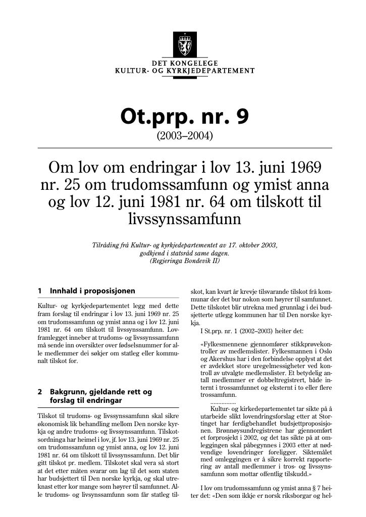 Forsiden av dokumentet Ot.prp. nr. 9 (2003-2004)
