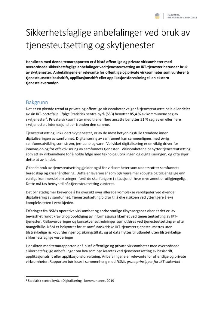 Forsiden av dokumentet Sikkerhetsfaglige anbefalinger ved tjenesteutsetting 2020