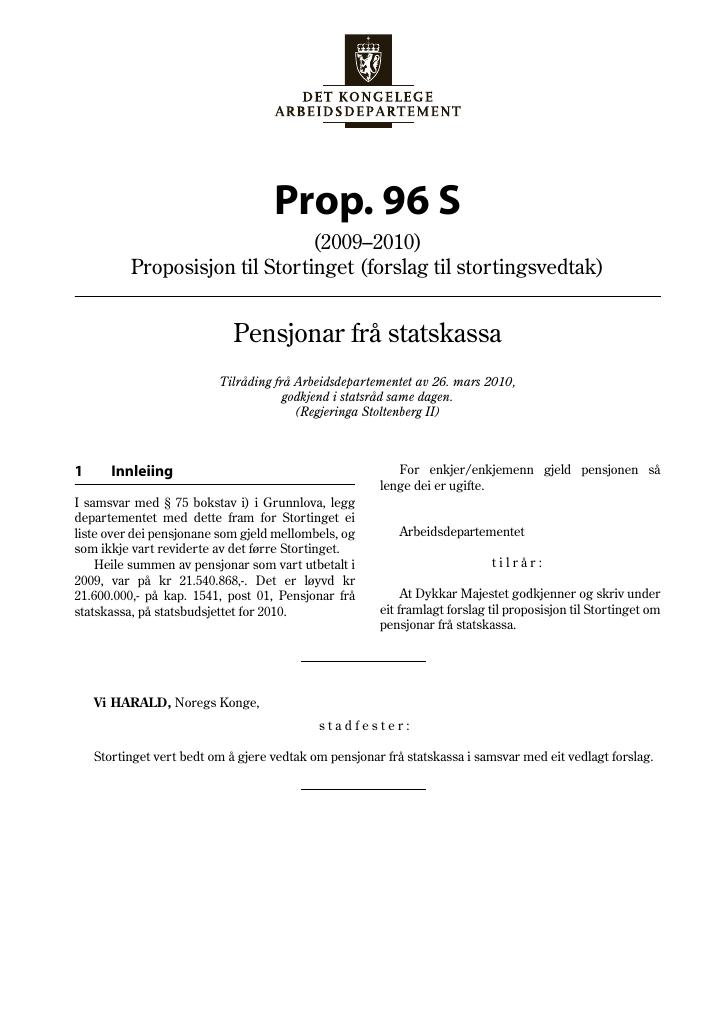 Forsiden av dokumentet Prop. 96 S (2009–2010)