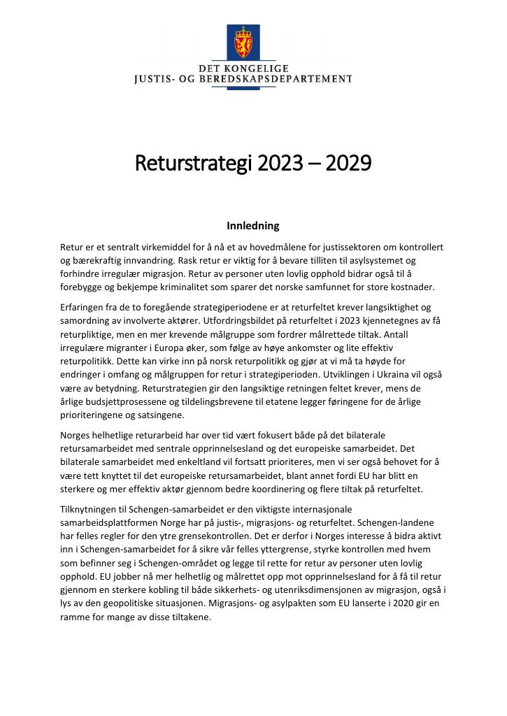 Forsiden av dokumentet Returstrategi for perioden 2023 - 2029