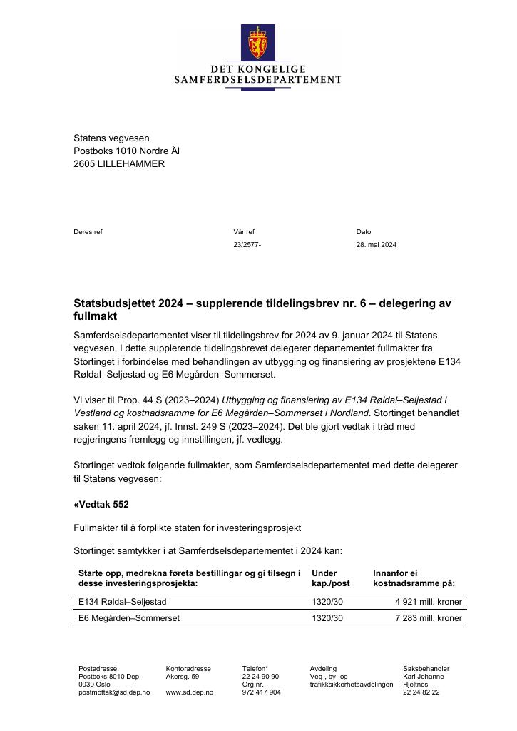 Forsiden av dokumentet Tildelingsbrev Statens vegvesen 2024 - tillegg nr. 6