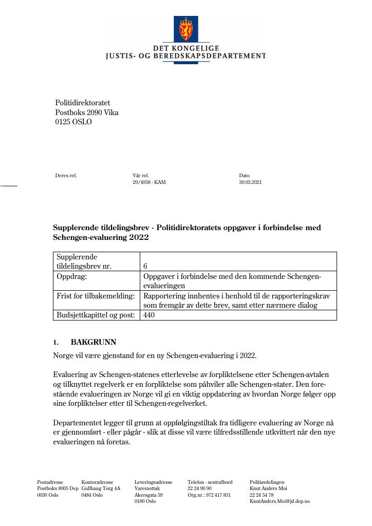 Forsiden av dokumentet Tildelingsbrev Politidirektoratet 2021 - tillegg nr. 6