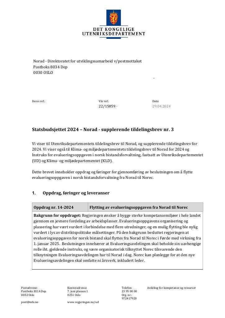 Forsiden av dokumentet Tildelingsbrev Norad 2024 - tillegg nr. 3