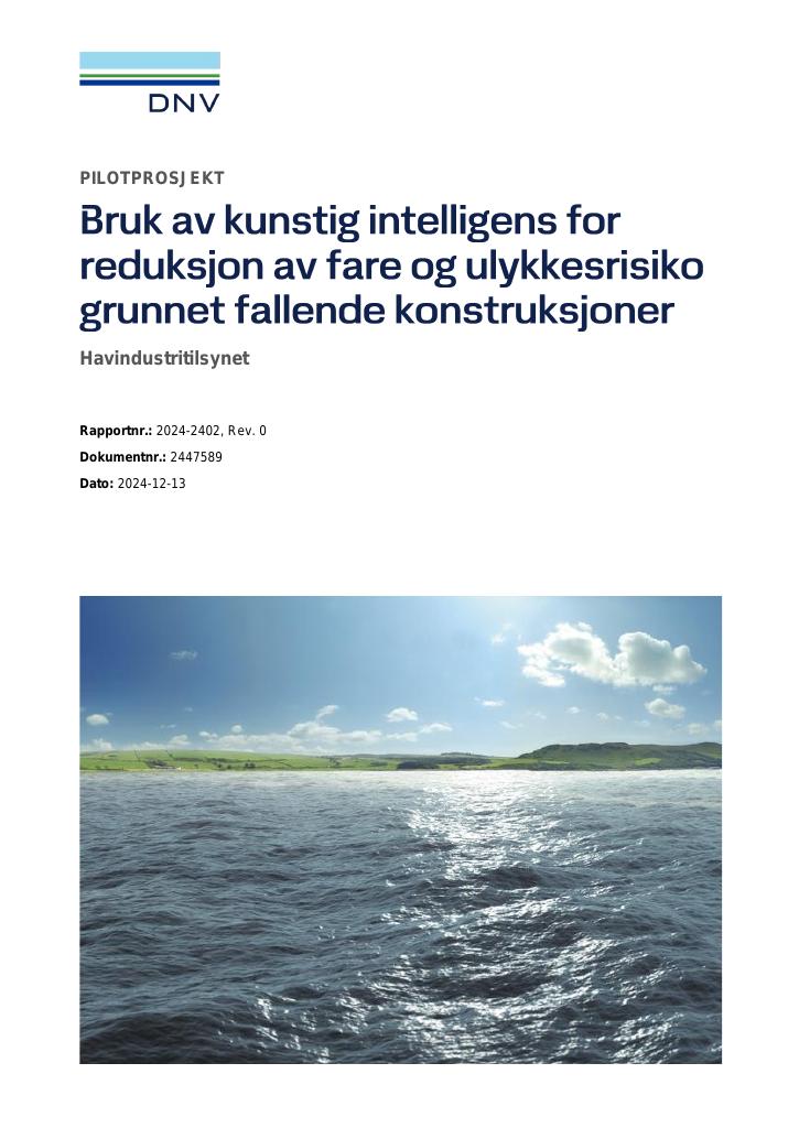 Forsiden av dokumentet Bruk av kunstig intelligens for reduksjon av fare og ulykkesrisiko grunnet fallende konstruksjoner