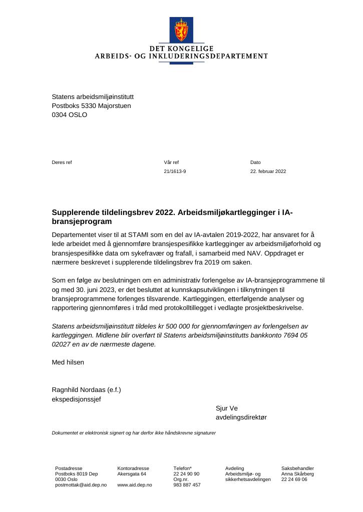 Forsiden av dokumentet Tildelingsbrev Statens arbeidsmiljøinstitutt (STAMI) 2022 - tillegg