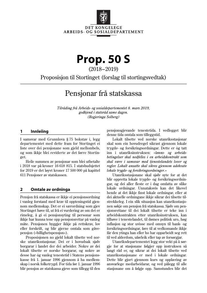 Forsiden av dokumentet Prop. 50 S (2018–2019)
