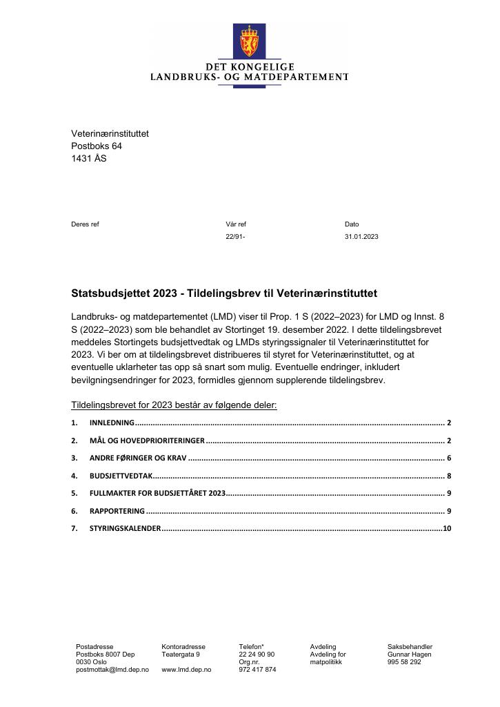 Forsiden av dokumentet Tildelingsbrev Veterinærinstituttet 2023