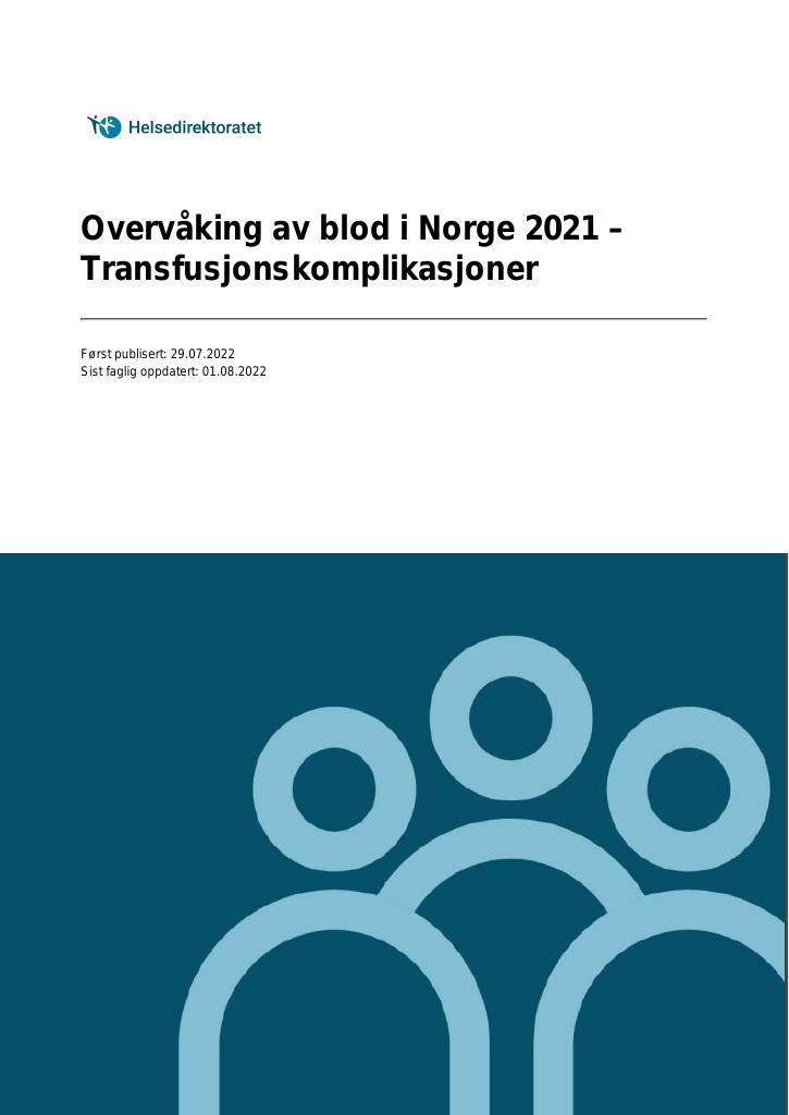 Forsiden av dokumentet Overvåking av blod i Norge 2021 – Transfusjonskomplikasjoner