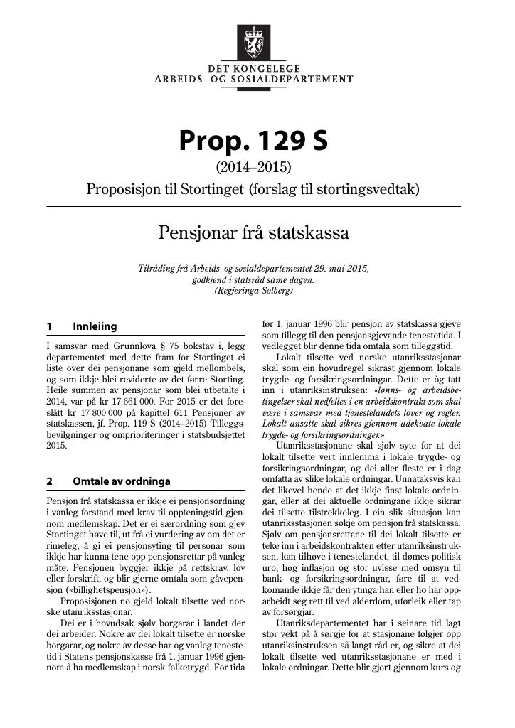 Forsiden av dokumentet Prop. 129 S (2014–2015)