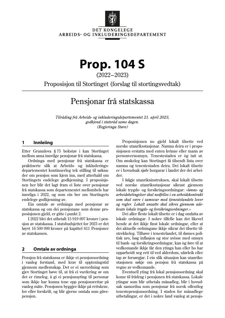 Forsiden av dokumentet Prop. 104 S (2022–2023)