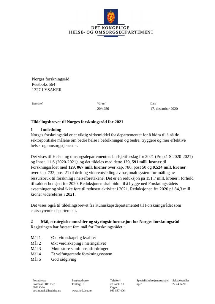 Forsiden av dokumentet Tildelingsbrev Norges forskningsråd 2021