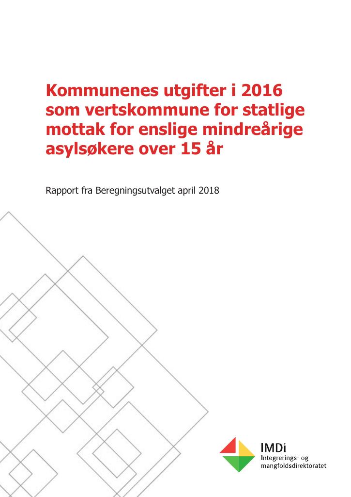 Forsiden av dokumentet Kommunenes utgifter i 2016 som vertskommune for statlige mottak for enslige mindreårige asylsøkere over 15 år