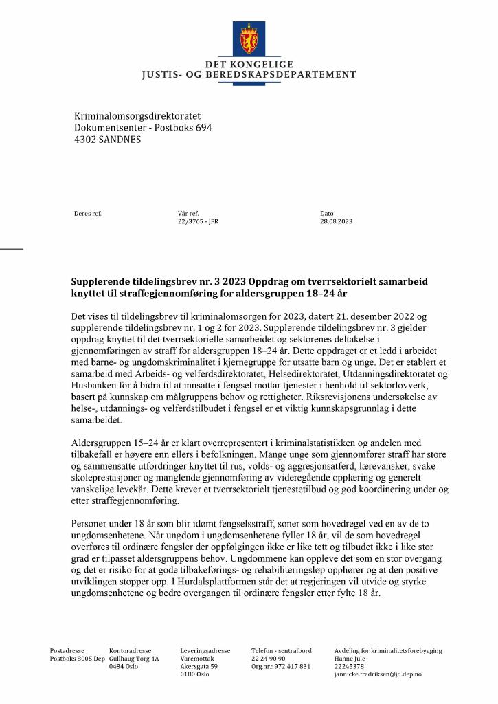 Forsiden av dokumentet Tildelingsbrev Kriminalomsorgen 2023 - tillegg nr. 3