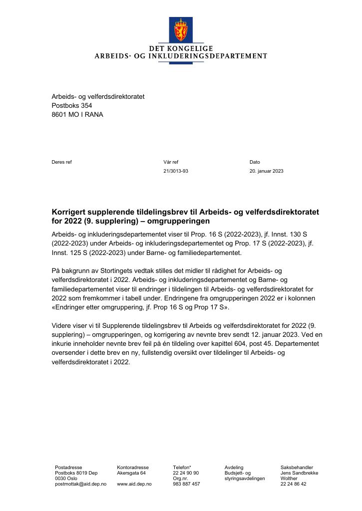 Forsiden av dokumentet Tildelingsbrev Arbeids- og velferdsdirektoratet 2022 - tillegg nr. 9