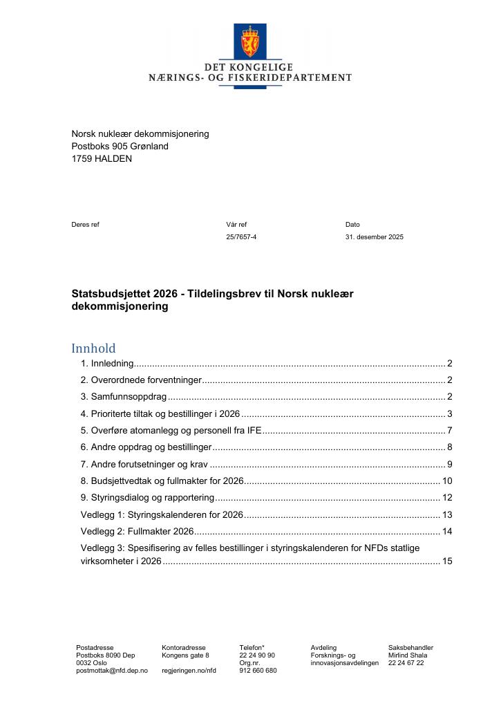 Forsiden av dokumentet Tildelingsbrev Norsk nukleær dekommisjonering 2026