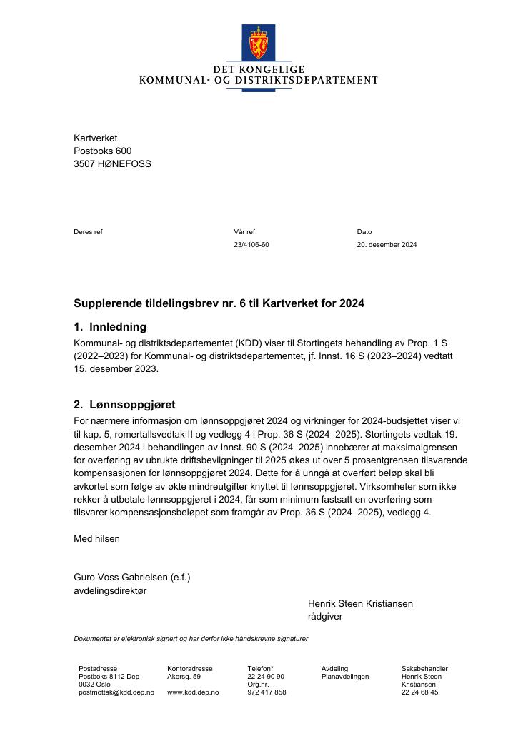 Forsiden av dokumentet Tildelingsbrev Kartverket 2024 - tillegg nr. 6