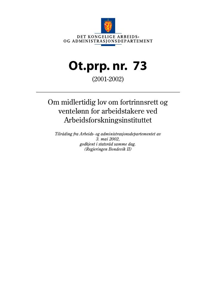 Forsiden av dokumentet Ot.prp. nr. 73 (2001-2002)