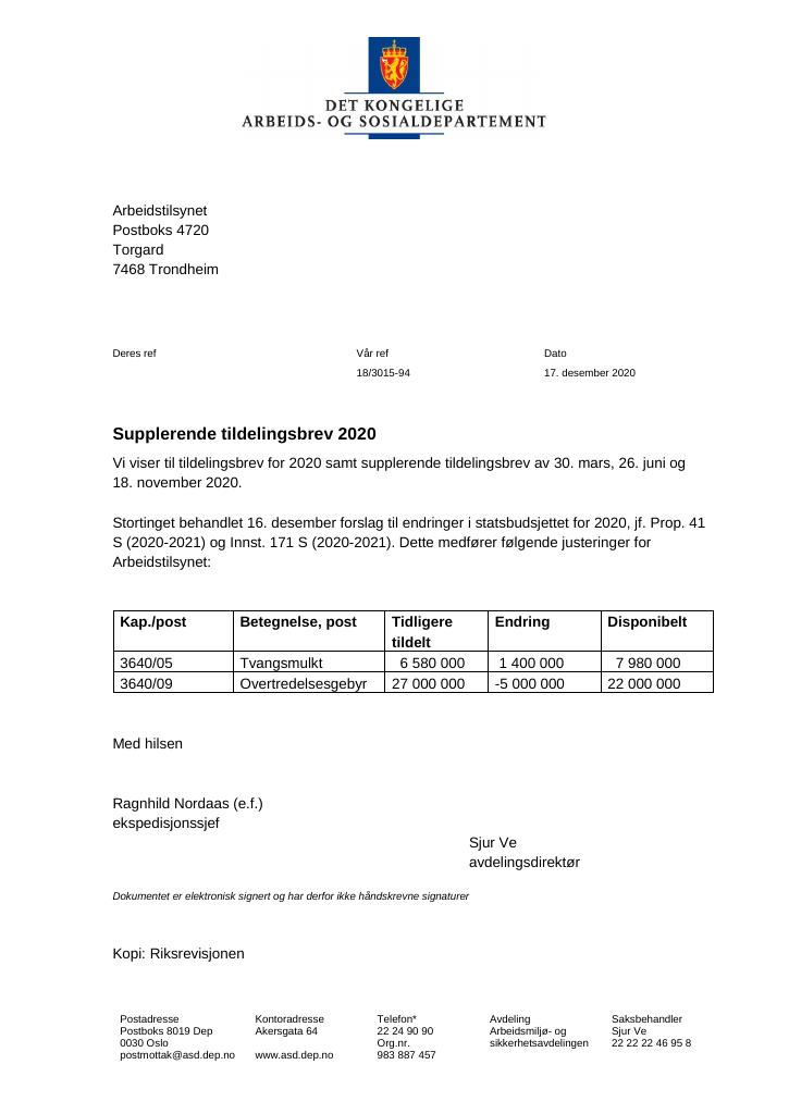 Forsiden av dokumentet Tildelingsbrev Arbeidstilsynet 2020 - tillegg nr. 6