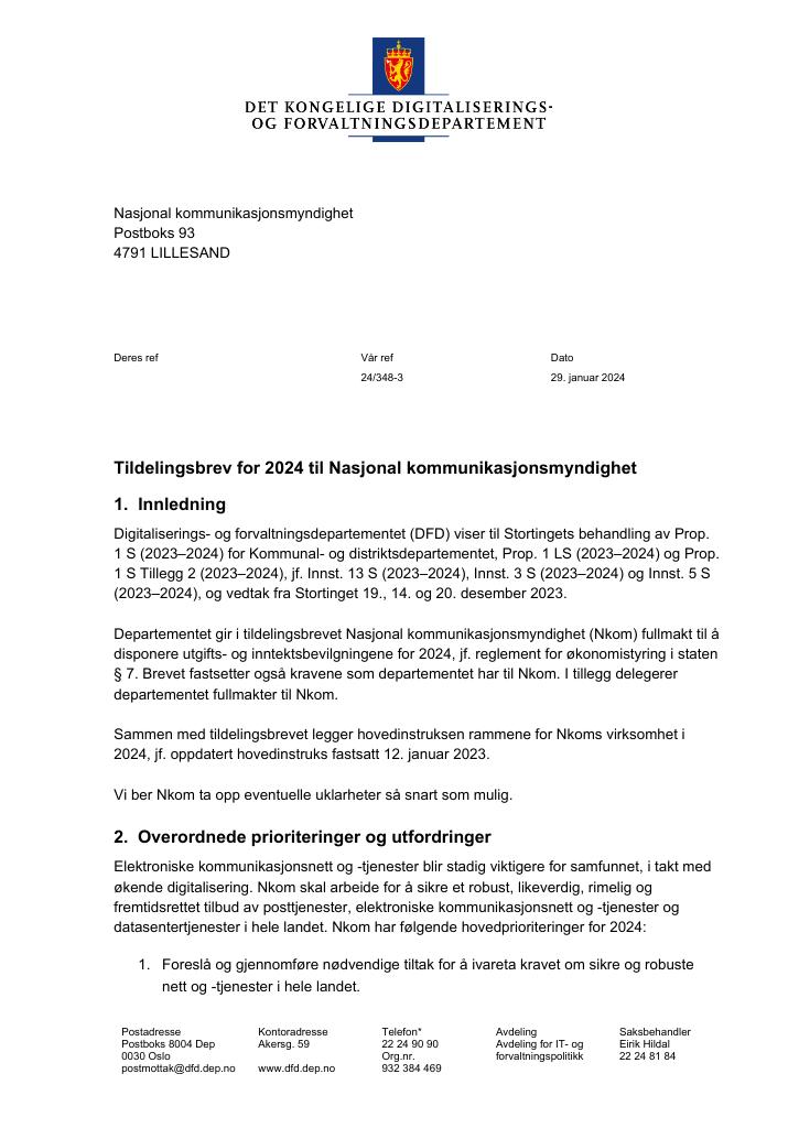 Forsiden av dokumentet Tildelingsbrev(pdf) 2024