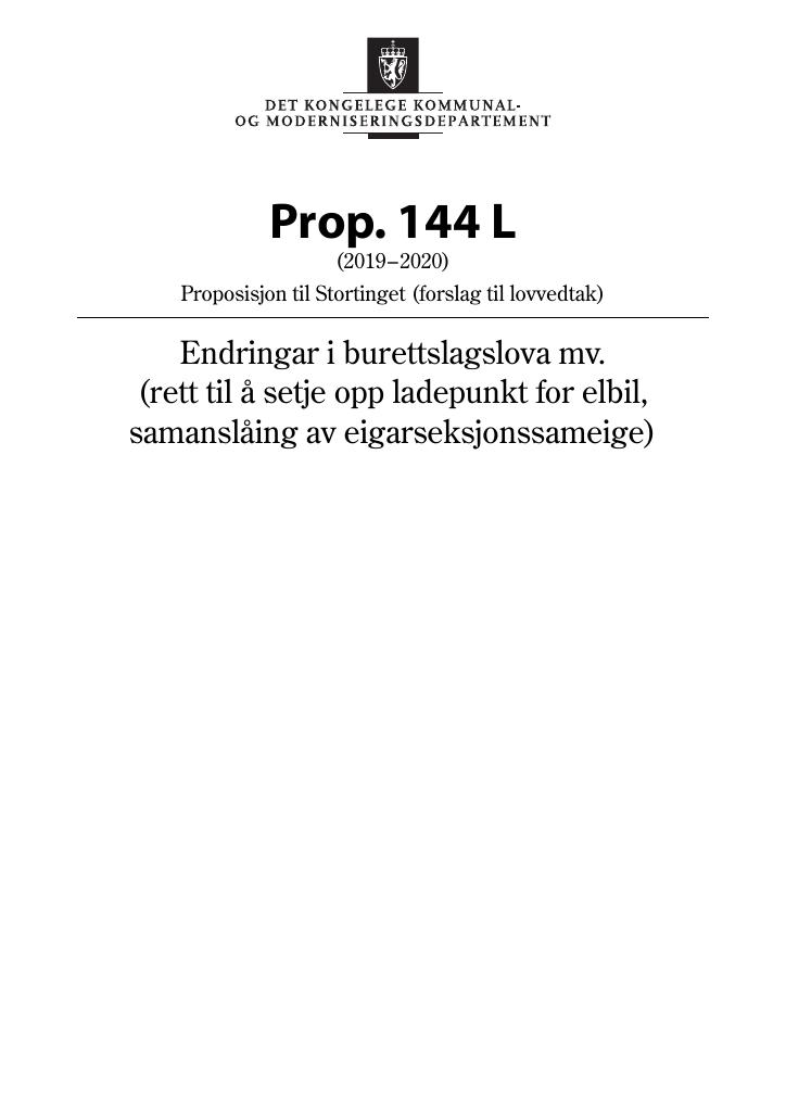 Forsiden av dokumentet Prop. 144 L (2019–2020)