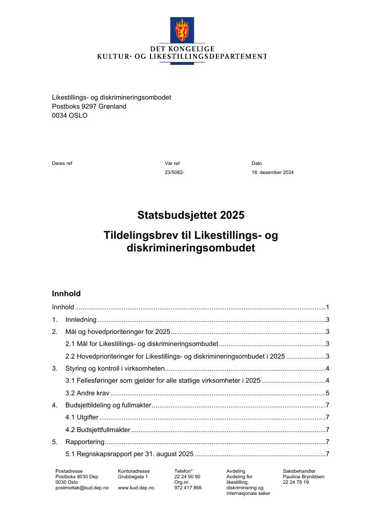 Forsiden av dokumentet Tildelingsbrev Likestillings- og diskrimineringsombudet 2025