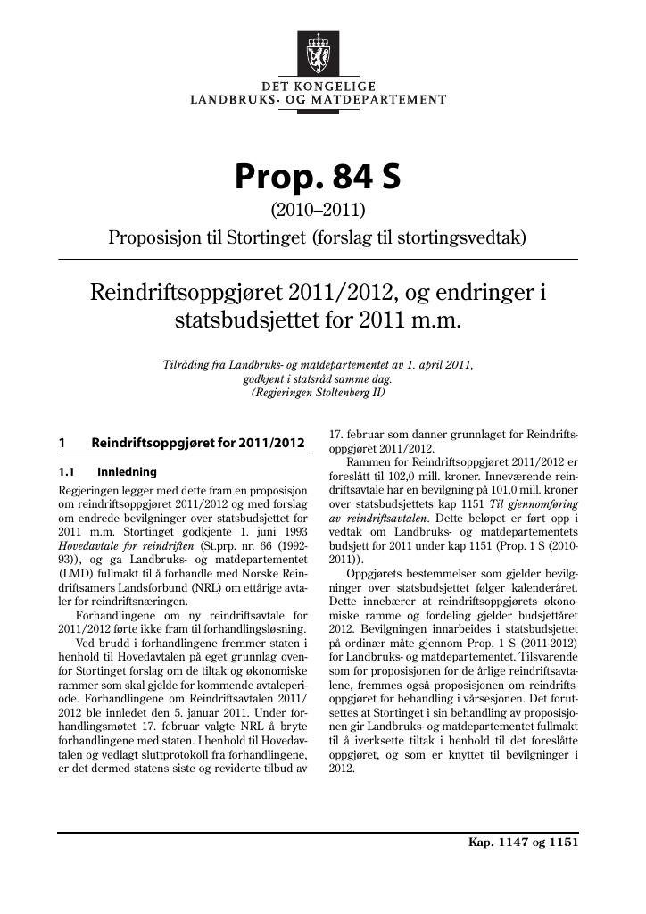 Forsiden av dokumentet Prop. 84 S (2010–2011)