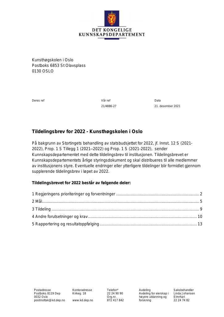 Forsiden av dokumentet Tildelingsbrev Kunsthøgskolen i Oslo 2022