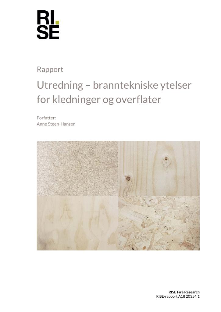 Forsiden av dokumentet Utredning – branntekniske ytelser for kledninger og overflater