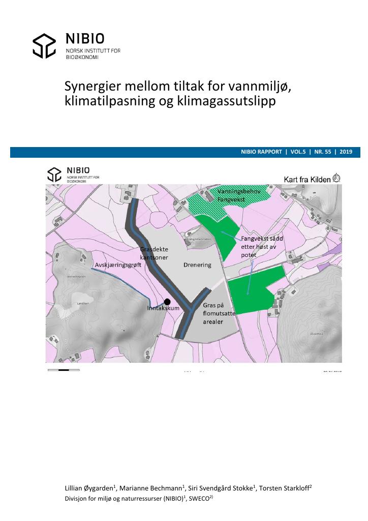 Forsiden av dokumentet Synergier mellom tiltak for vannmiljø, klimatilpasning og klimagassutslipp.