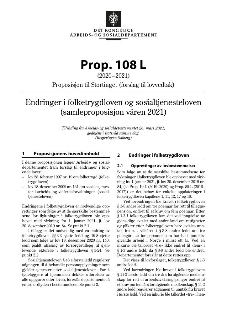 Forsiden av dokumentet Prop. 108 L (2020–2021)