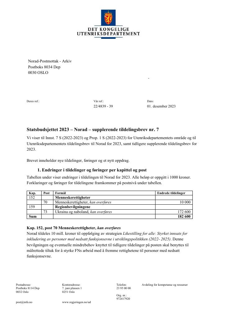 Forsiden av dokumentet Tildelingsbrev Norad 2023 - tillegg nr. 7