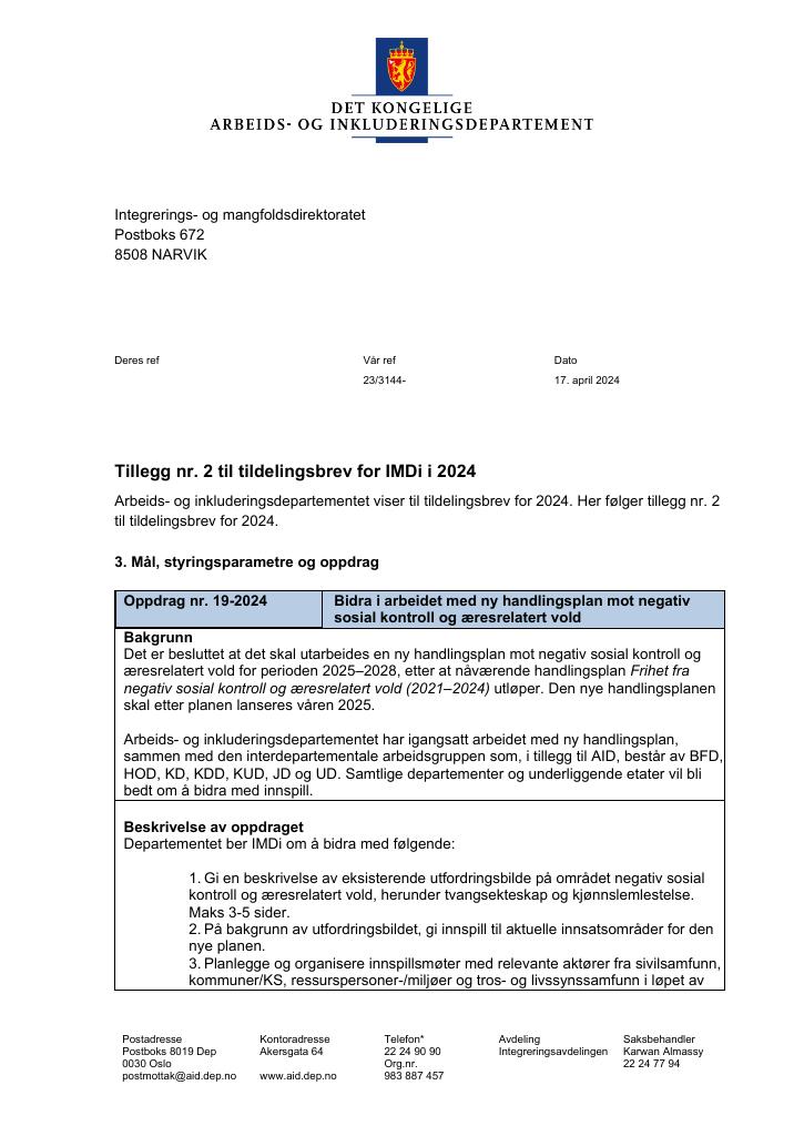 Forsiden av dokumentet Tildelingsbrev Integrerings- og mangfoldsdirektoratet (IMDi) 2024 - tillegg nr. 2