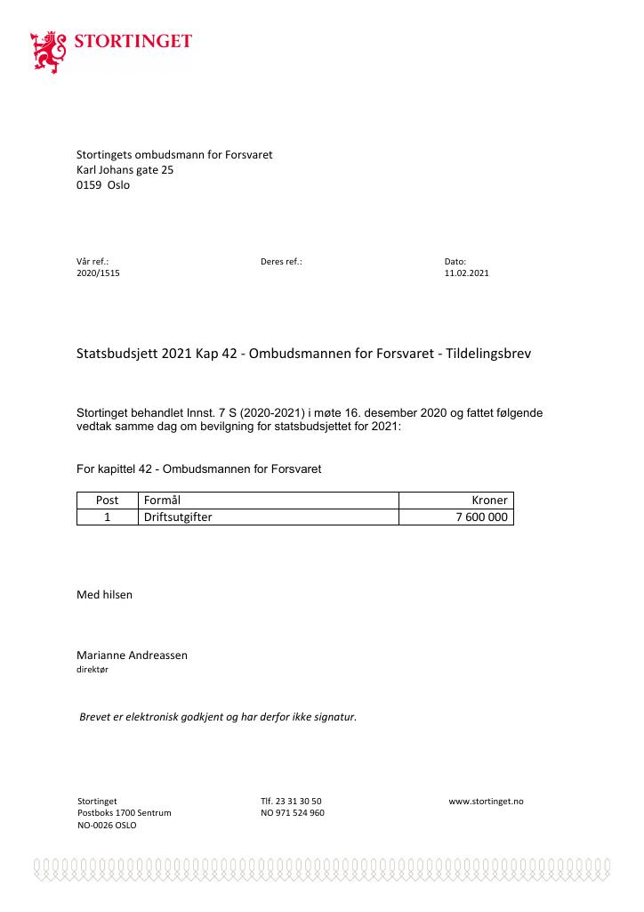 Forsiden av dokumentet Tildelingsbrev 2021 Stortingets ombudsmann for Forsvaret