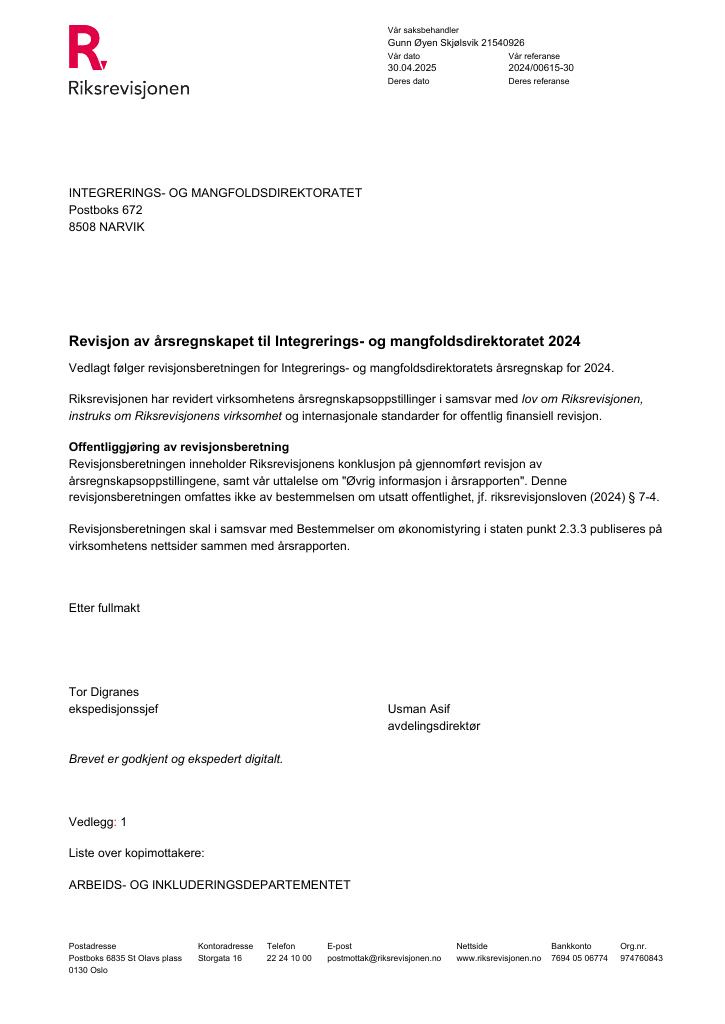 Forsiden av dokumentet Riksrevisjons beretning Integrerings- og mangfoldsdirektoratet 2024
