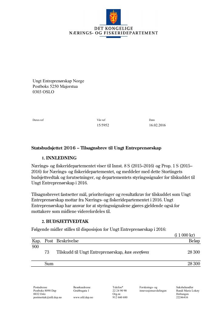 Forsiden av dokumentet Tilskuddsbrev