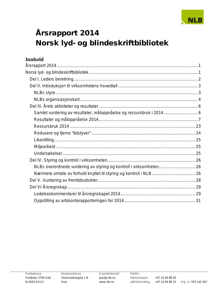 Forsiden av dokumentet Årsrapport Norsk lyd- og blindeskriftbibliotek 2014