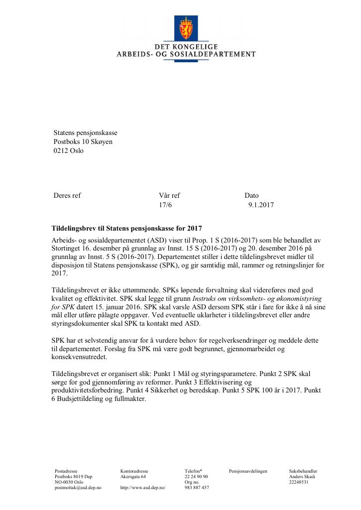 Forsiden av dokumentet Tildelingsbrev (PDF)
