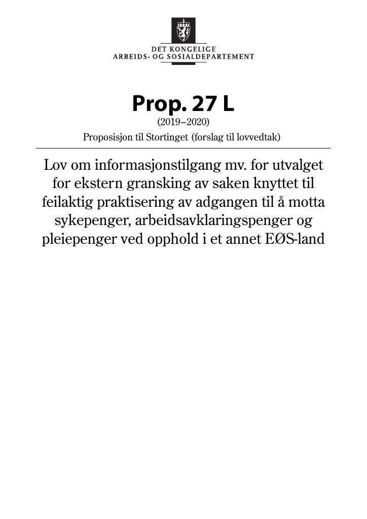 Forsiden av dokumentet Prop. 27 L (2019–2020)