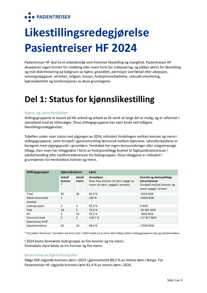 Forsiden av dokumentet Likestillingsredegjørelse Pasientreiser HF 2024