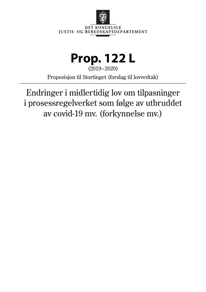 Forsiden av dokumentet Prop. 122 L (2019–2020)