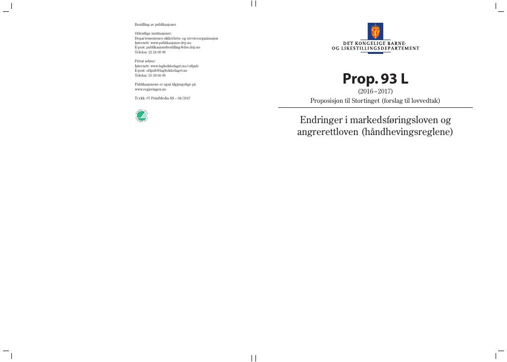 Forsiden av dokumentet Prop. 93 L (2016–2017)