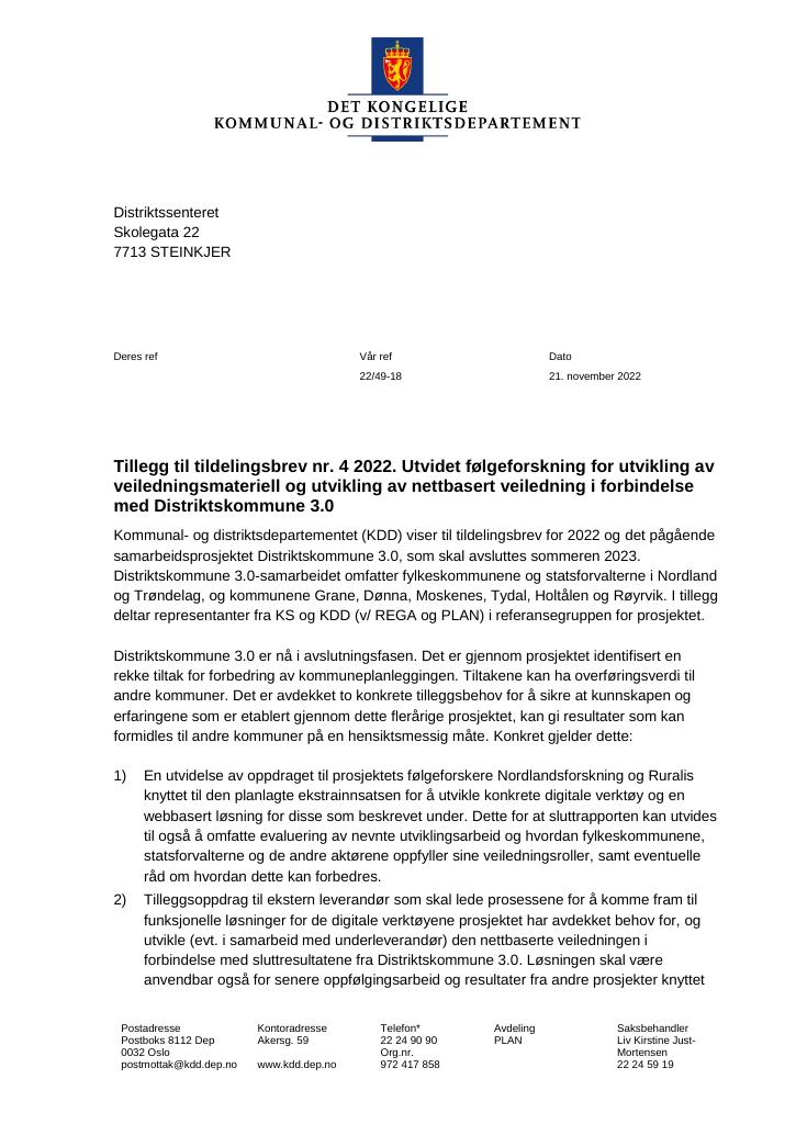 Forsiden av dokumentet Tildelingsbrev Distriktssenteret 2022 - tillegg nr. 4