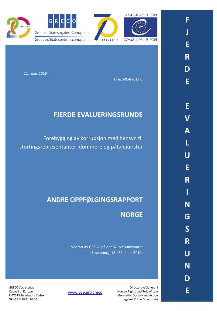 Forsiden av dokumentet Rapport fra Europarådets antikorrupsjonsorgan GRECO